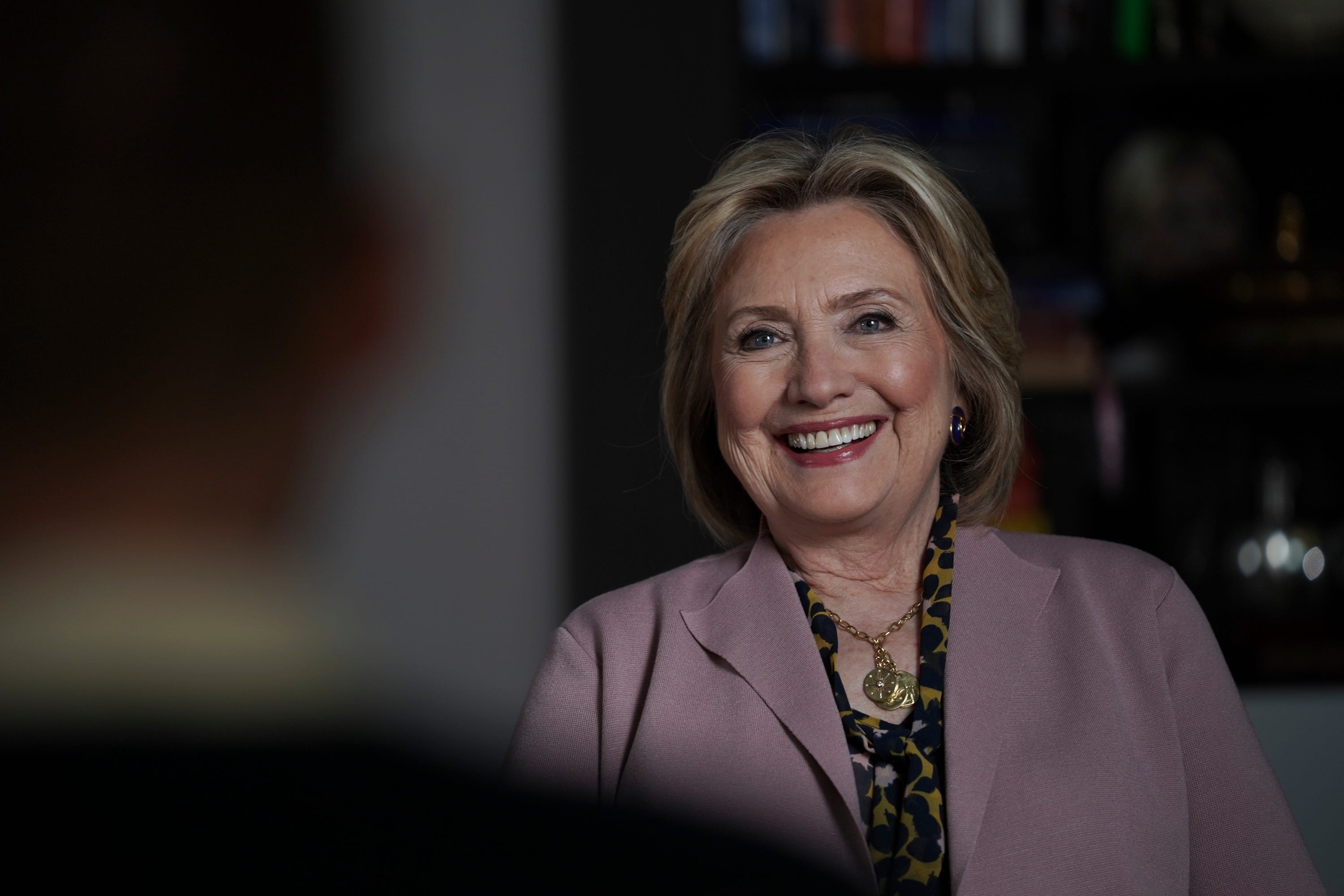 3/3/20 10:32:27 AM -- New York, NY  -- Former Secretary of State Hillary Clinton laughs as she speaks with USA TODAY reporter Patrick Ryan during a video interview.