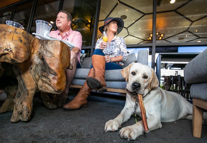 Brandon Perry, left and his wife Diannah Perry, center, enjoy their brunch while listening to live music with their dog Zoom, an 18-month-old English Labrador, Sunday morning, October 17, 2021 at Bank Street Patio Bar in Ocala, FL. The restaurant, which is dog friendly, also offers a dog menu.