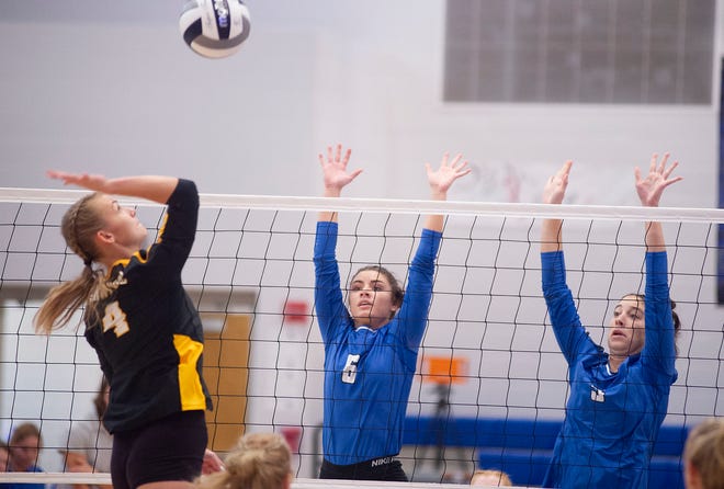 Wynford's Reese McGuire and Averi McMillan attempt to block Colonel Crawford's Niyah Shipman.