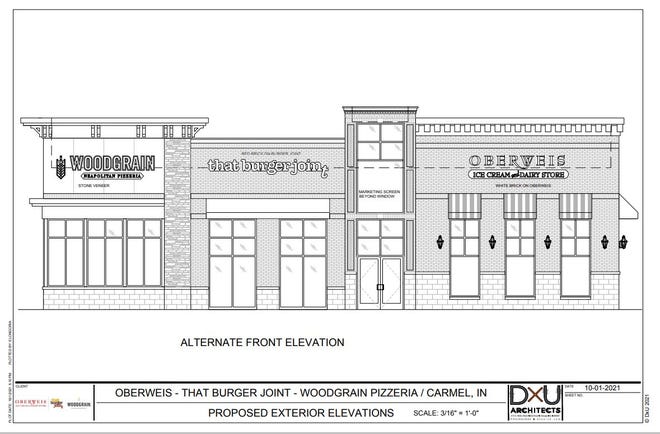 An elevation of an Oberweis - That Burger Joint - Woodgrain Pizzeria planned in Carmel.