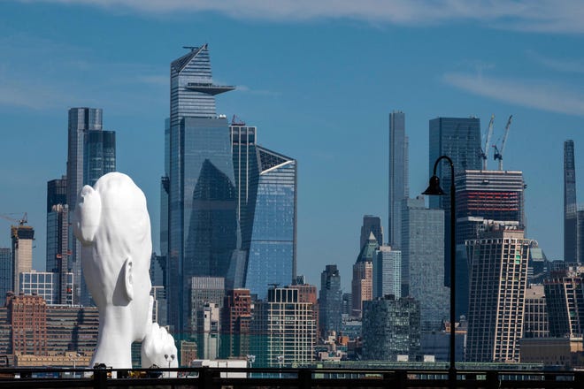 "Water's Soul" by Spanish Artist Jaume Plensa is under construction on Oct. 8, 2021 in Jersey City, New Jersey. Standing 80-feet, the piece is the artist's tallest public sculpture to date and overlooks the Hudson River across from lower Manhattan.