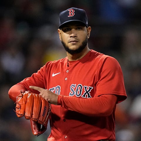Boston Red Sox pitcher Eduardo Rodriguez gestures 