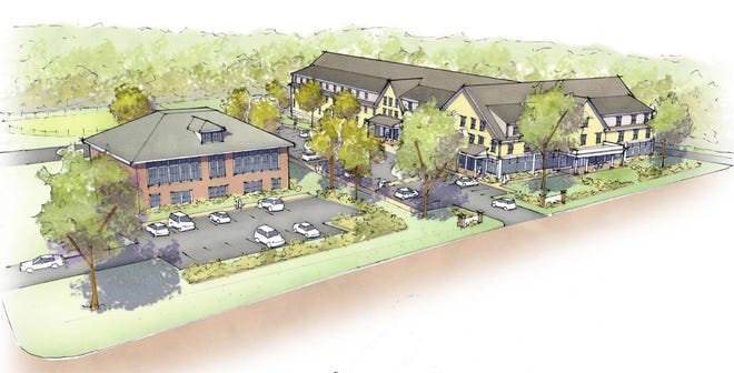 This rendering from Community Church Housing Corporation shows the proposed Portsmouth Senior Center and affordable housing complex on the Bristol Ferry Road property.