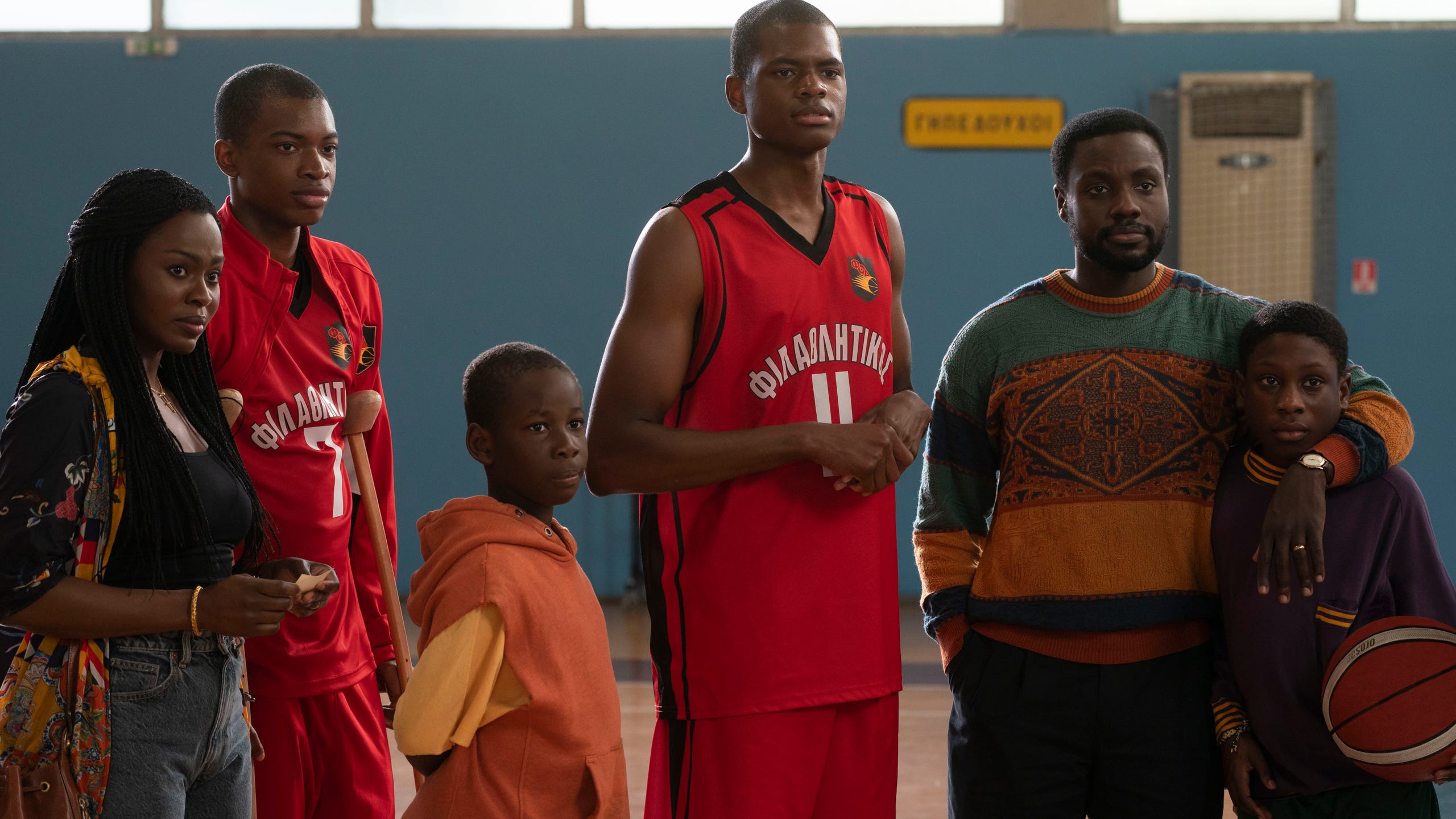 "Rise," a new Disney movie about the trials and triumphs of the Antetokounmpo family, will debut on Disney+ in 2022. The cast includes, from left: Yetide Badaki as Vera, Ral Agada as Thanasis, Elijah Sholanke as Alexandros, Uche Agada as Giannis, Dayo Okeniyi as Charles.