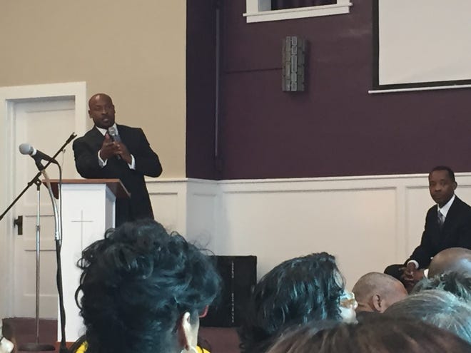 Brian Wilson / DNJ The Rev. James McCarroll, pastor of First Baptist Church on East Castle Street, speaks  April 17, 2016, at the church about the arrests of students at Hobgood Elementary.