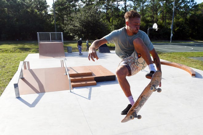 Shylo Tolliver, of Melbourne, catches some air on one of the ramps at the new skate park in Fellsmere on Tuesday, Oct. 19, 2021. "It's pretty cool that a town of this size has a new park for skaters to use," Tolliver said. "As skaters, we always like to try out new places and we're happy to make the drive down here." The park was paid for though a $700,000 Florida Small Community Development Block Grant made possible through the Department of Housing and Development in partnership with the Florida Department of Economic Opportunity. A majority of the grant is being used for flood and drainage improvements along city streets.