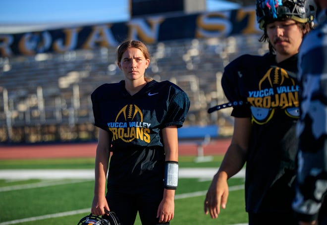 Yucca Valley High School varsity football kicker, Eden Ricketts, became the first female to score points in a Yucca Valley football game. Ricketts works out with the team at the school in Yucca Valley, Calif., on October 20, 2021. 