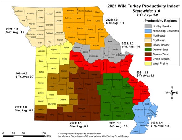 Bu harita, Türkiye Üretim Bölgesi (TPR) tarafından Missouri'de yabani hindi üretiminin bir göstergesini (et-tavuk oranı veya PHR) göstermektedir.  TPR tarafından belirlenen ilçeler, benzer arazi örtüsü kompozisyonuna göre gruplandırılmış ilçelerdir.  Veriler, MDC tarafından yürütülen 2021 yabani hindi kuluçka araştırması sırasında elde edildi ve önceki beş yılın (2016-2020) ortalaması ile karşılaştırıldı.