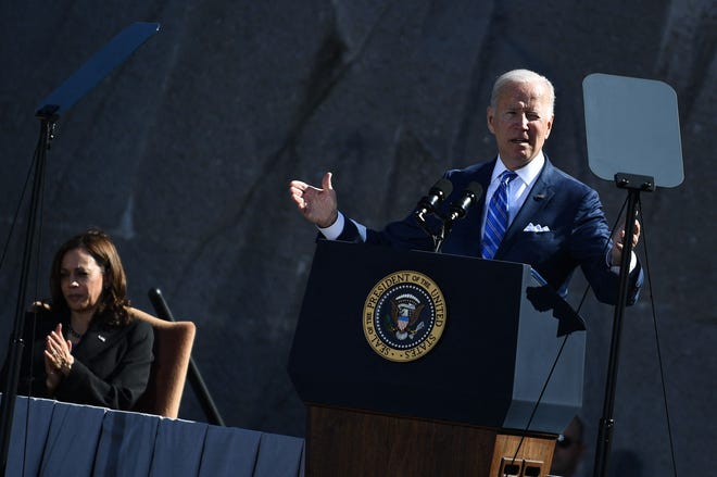 President Joe Biden and Vice President Kamala Harris attend a ceremony marking the 10th anniversary dedication of the Martin Luther King Jr. Memorial in Washington on Oct. 21.