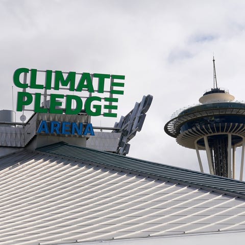 The roof-top sign for Climate Pledge Arena is show