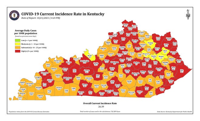 This map issued by the Kentucky Department for Public Health shows incidence rates of COVID-19 in the state broken down by county.