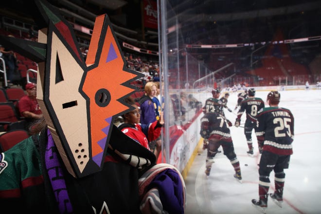 A fan of the Arizona Coyotes wears a mask while watching warm-ups to the NHL game against the Edmonton Oilers at Gila River Arena on Oct. 21, 2021, in Glendale.