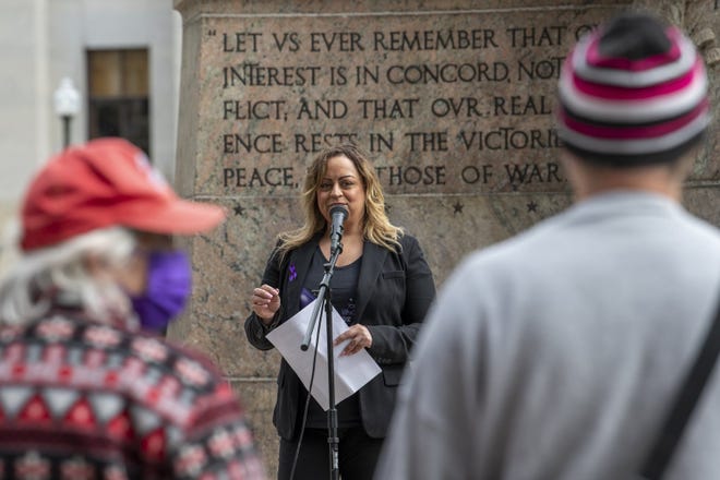Tamie Wilson, founder of The Aunt Linda Foundation and a U.S. Congressional candidate, speaks during the Rally Against Domestic Violence at the Ohio Statehouse on Saturday.