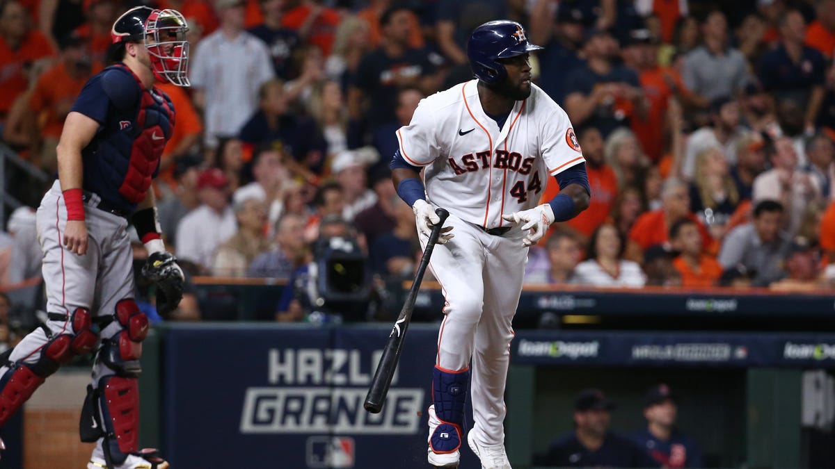 ALCS Game 6: Astros designated hitter Yordan Alvarez hits an RBO double in the first inning.