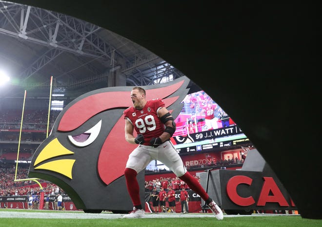 Arizona Cardinals defensive end J.J. Watt (99) is introduced before playing against the Houston Texans in Glendale, Ariz. Oct. 24, 2021.