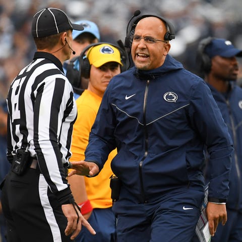 Penn State head coach James Franklin reacts to a c