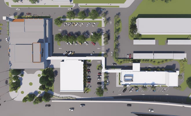 This bird’s eye view rendering of the Venice Theatre campus shows the theatre building, left, technical center, bottom, and arts education building, right, connected by a covered walkway. The nonprofit recently restarted the public phase of “The Next Act,” its capital campaign.