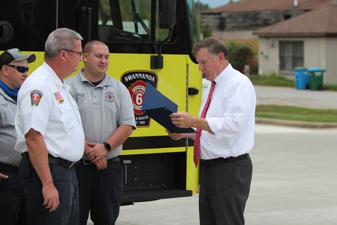 North Carolina Insurance Commissioner Mike Causey met with the Swannanoa Volunteer Fire Department & Rescue Squad on Oct. 21, announcing the new insurance rating of the station.