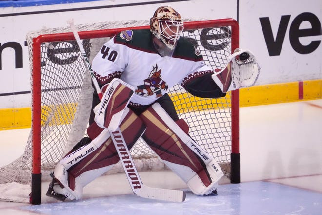 Oct 25, 2021; Sunrise, Florida, USA; Arizona Coyotes goaltender Carter Hutton (40) warms up prior to the game against the Florida Panthers at FLA Live Arena. Mandatory Credit: Jasen Vinlove-USA TODAY Sports