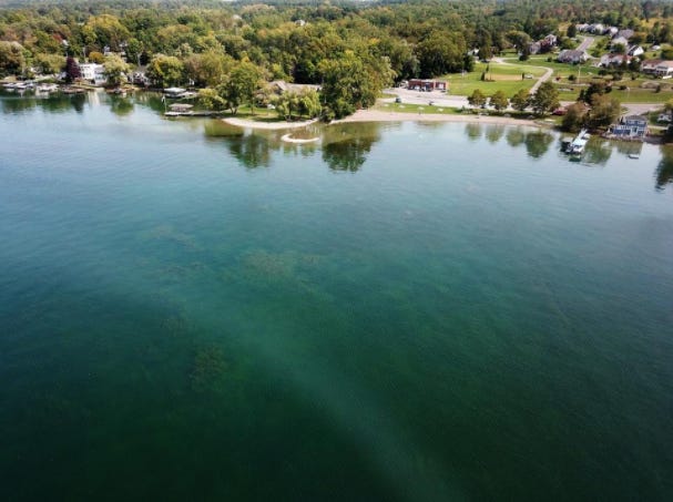 Evidence of blue-green algae is seen in this aerial view of the east side of Canandaigua Lake at Deep Run Cove in 2017.