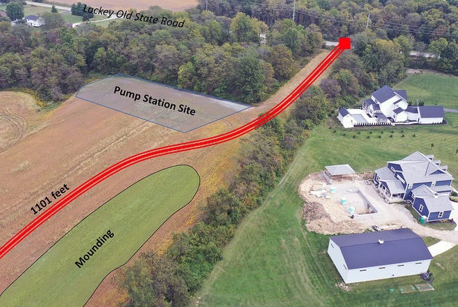 This map (looking east) shows the location for the 1,101-foot road called Reed Parkway that will be the first one constructed for the long-planned Berlin Business Park. Construction on the road, which is west off Lackey Old State Road and about a half-mile south of U.S. Route 36/state Route 37, is expected to be completed by June 2022. Delaware County commissioners first must approve a bid-award contract for the project.