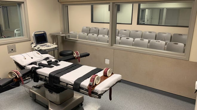 The execution table and witness chairs are shown in this image from a video released by the Oklahoma Department of Corrections.
