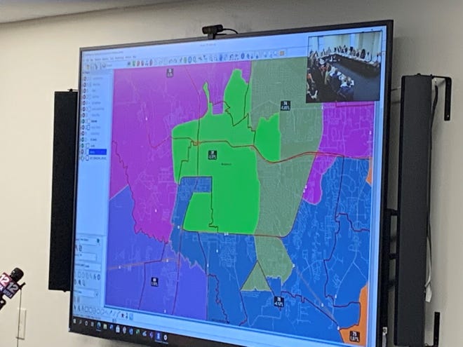 A Montgomery House district is displayed at a meeting of the Alabama Permanent Committee on Reapportionment on Oct. 26, 2021. The committee approved new maps on party-line votes.