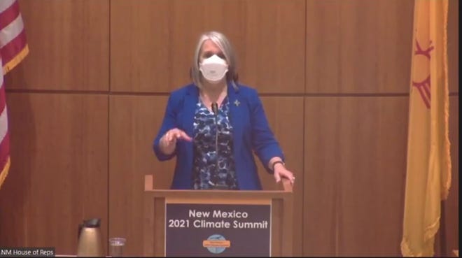 New Mexico Gov. Michelle Lujan Grisham addresses the New Mexico Climate Summit, Oct. 25, 2021 in Santa Fe.