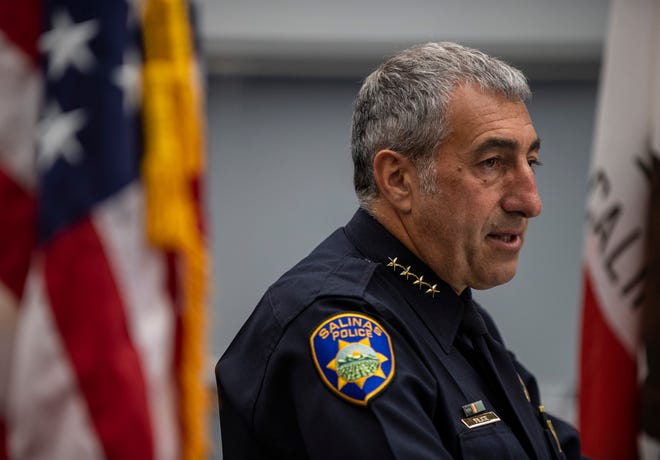Roberto Filice, the new police chief for the Salinas Police Department talks with members of the media during a press conference inside the City Hall Rotunda in Salinas, Calif., on Tuesday, Oct. 26, 2021 