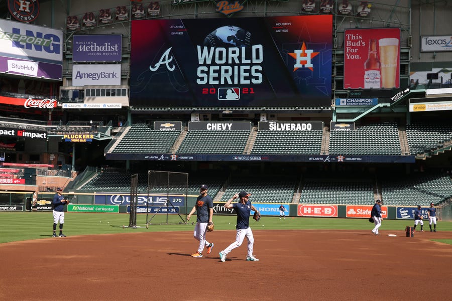 Oct 25, 2021; Houston,  TX, USA; Houston Astros during team workouts at Minute Maid Park in Houston, TX. The Houston Astros will be playing the Atlanta Braves in the World Series. Mandatory Credit: Thomas Shea-USA TODAY Sports