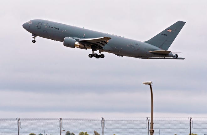 A KC-46 Pegasus arrives for first maintenance check at Tinker Air Force Base near Midwest City on Sept. 10, 2020. Congress' failure to pass a defense spending bill could delay work at TInker related to the base's mission to maintain the new refueling tanker.