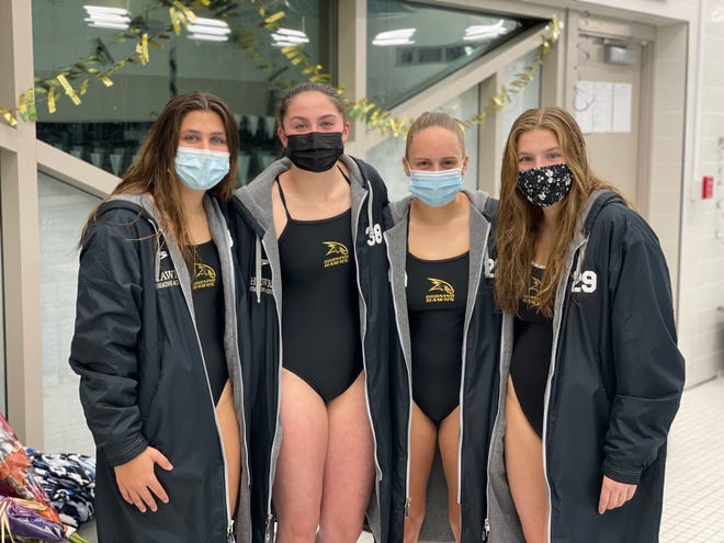 Corning's 200-yard freestyle relay of Angie McKane, Audra Hilker, Kara Peters and Vanessa Turner qualified for the state meet with a time of 1:40.84 against Ithaca on Oct. 26, 2021 at Corning-Painted Post High School. The time also broke Corning's team record.