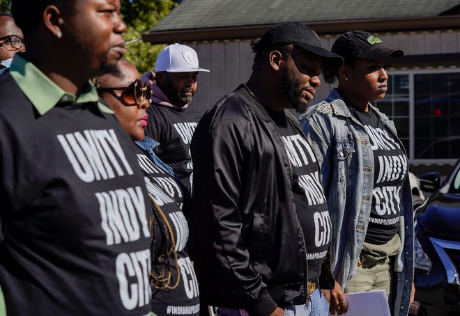 Steven Boyd (left) stands next to Ron Gee and Della B. during a Ceasefire Indy!  press conference Wednesday, October 27, 2021 on Sherman Drive in Indianapolis.  Indianapolis is one homicide away from breaking the 2020 criminal homicide record. Ceasefire Indy!  is an organization creating events and gatherings in various neighborhoods around Indianapolis. 