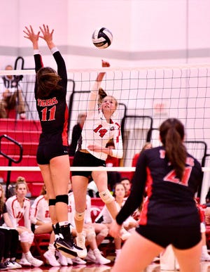 Jamisyn Stinson spikes the ball during Sheridan's 25-13, 25-28, 25-19 win against Circleville in a Division II district semifinal on Tuesday at Glen Hursey Gymnasium. Stinson had 11 kills and 26 digs as the Generals advanced to their fourth consecutive district final.