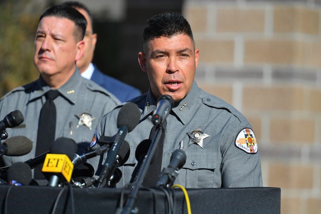 Santa Fe County Sheriff Adan Mendoza speaks during a press conference to give an update on the shooting accident on the set of the movie "Rust" at the on October 27, 2021 in Santa Fe, New Mexico.