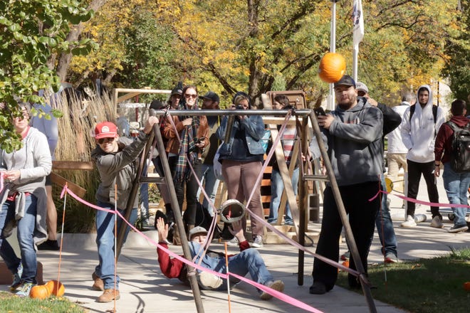 Team Walker has a clean launch from their slingshot during the 2021 WT Engineering Department's annual Pumpkin Chunkin' on campus in Canyon.