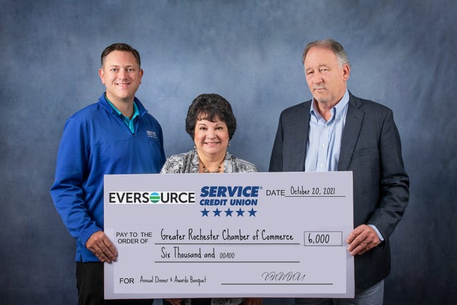 From left to right are Matt Beaulieu, AVP-Member Services at Service Credit Union, Rochester Chamber President Laura Ring, and Brian Dickie, Director of System Operations for Eversource. Service Credit Union and Eversource are underwriting the Greater Rochester Chamber of Commerce's Reconnecting The Community Annual Dinner and Awards Banquet on Nov. 6