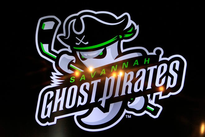 The new logo is unveiled during the press conference to unveil the new name for the Savannah Professional Hockey team at Ghost Coast Distillery in Savannah, GA Wednesday Oct. 27, 2021. The new name will be the Savannah Ghost Pirates. 