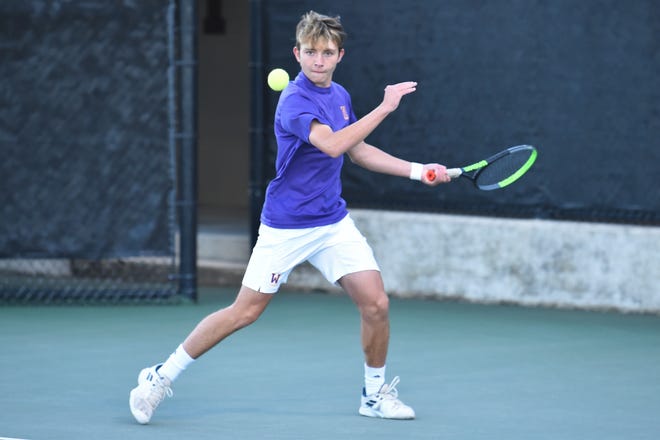Wylie's Trevor Short returns a serve during the doubles matches against Georgetown in Thursday's Class 5A state semifinal at the Mitchell Tennis Center at Texas A&M in College Station. Short and Connor Brown won 6-0, 6-1 at No. 1 boys doubles as the Bulldogs went on to win the match 10-0 to advance to Friday's state final.