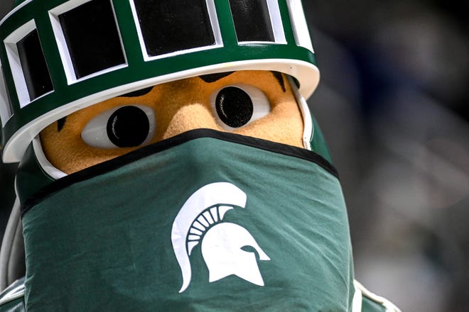 Sparty wears a mask indoors during Michigan State's game against Ferris State in the first half on Wednesday, Oct. 27, 2021, at the Breslin Center in East Lansing.