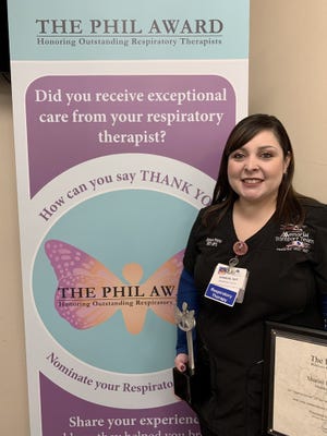 Memorial Medical Center Respiratory Therapist Sharon Prieto was presented with the PHIL Award Thursday, Oct. 28, 2021, the only nationally recognized hospital-based recognition program that honors respiratory therapists who provide exemplary care for patients with respiratory illnesses.