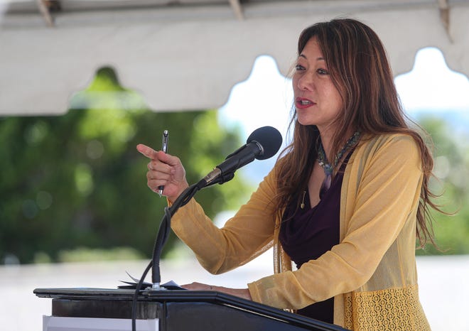California State Treasurer Fiona Ma speaks during a groundbreaking ceremony for the Monarch Apartment Homes, Thursday, Oct. 28, 2021, in Palm Springs, Calif. 