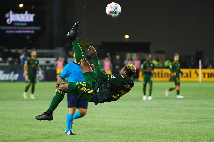 Dairon Asprilla scores a bicycle kick goal during the second half against the San Jose Earthquakes at Providence Park.