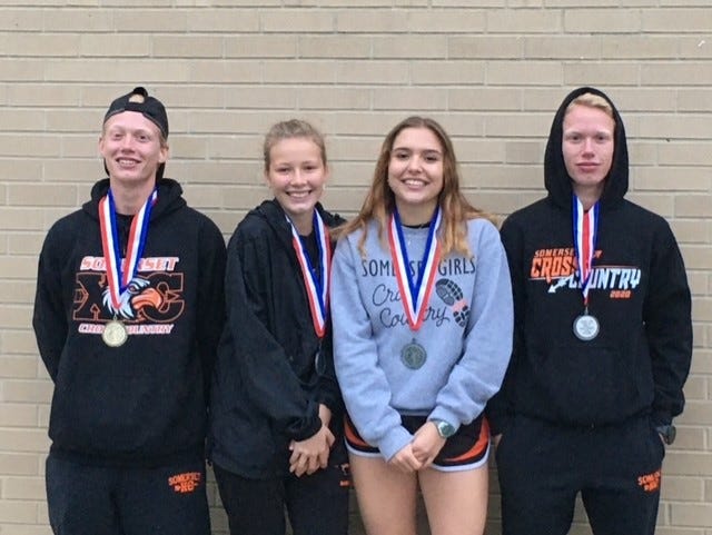 The Somerset cross country runners had a strong showing at the District 5-8 Class AA meet on Thursday. Pictured from left, are state qualifier, Colton Walker, District 5-8 AA champion, Bethann Walker, Jade Williams and runner-up Branson Walker. Absent from photo are qualifiers Kaylin Weaver, Ella Peck and Alyssa Richard.