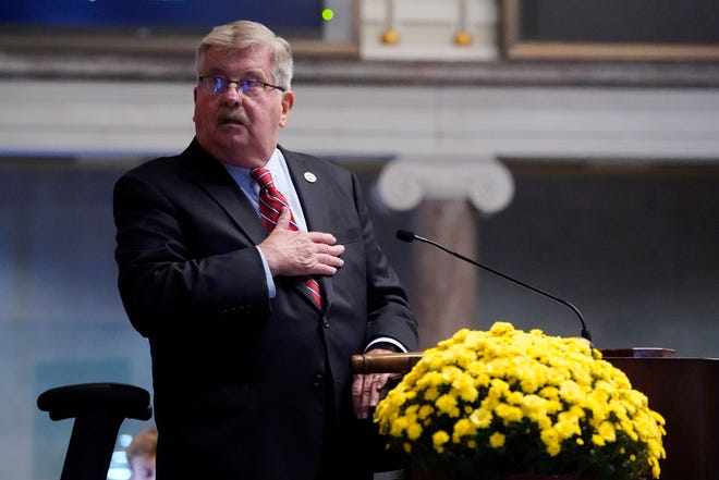 Lt. Gov. Randy McNally, R-Oak Ridge, stands for the Pledge of Allegiance during a special session of the Tennessee Senate, Wednesday, Oct. 27, 2021, in Nashville, Tenn. Tennessee's General Assembly is meeting for a special legislative session to address COVID-19 measures after Republican Gov. Bill Lee declined to do so. (AP Photo/Mark Humphrey)
