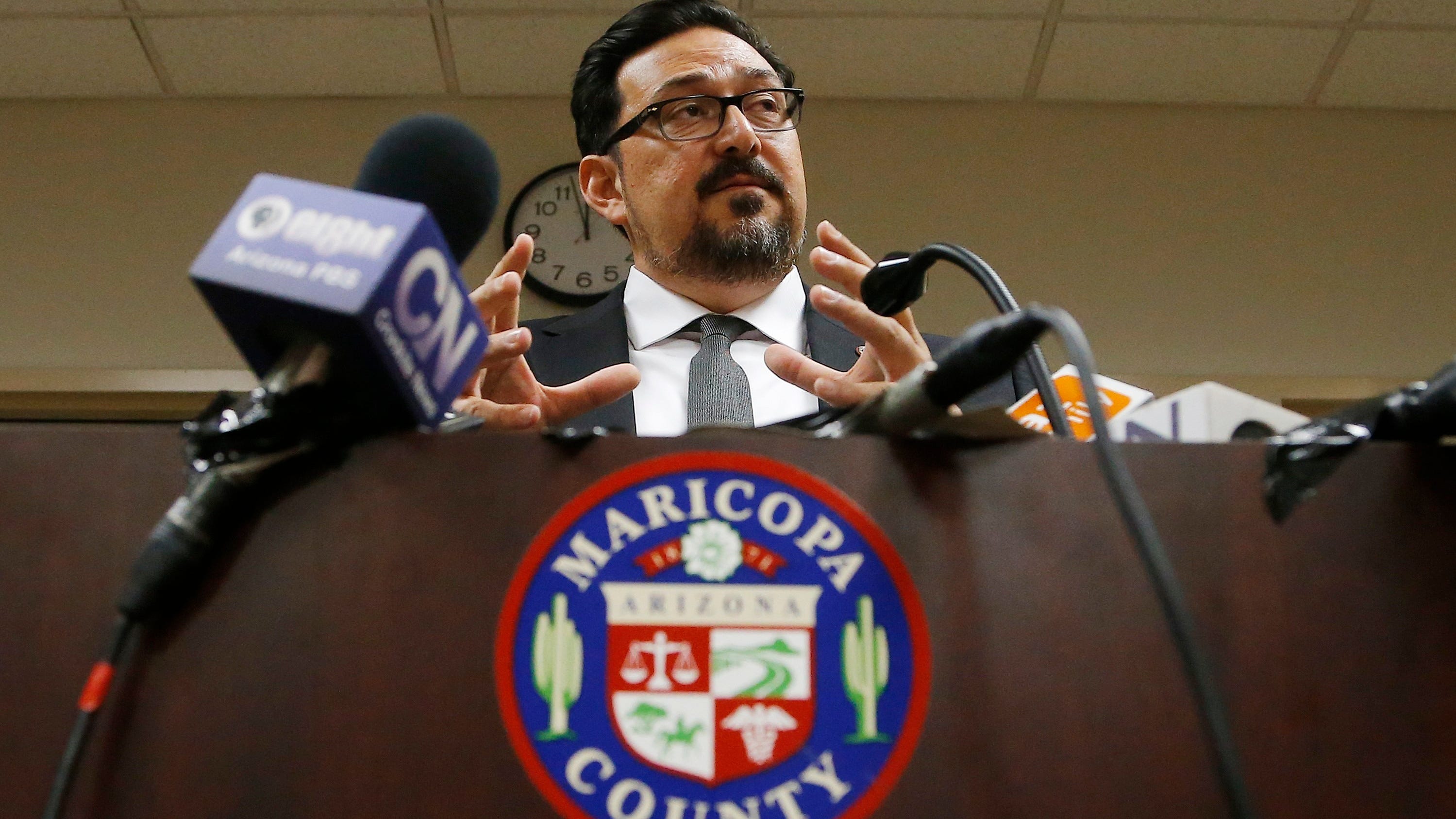 Maricopa County Recorder Adrian Fontes speaks during a news conference in Phoenix on Sept. 12, 2018.