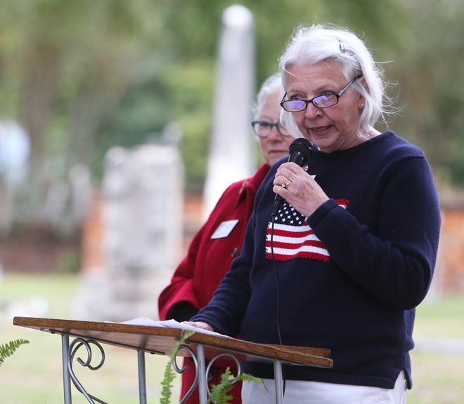 Becky Davenport, historic preservation committee chair, speaks at the Daughters of the American Revolution dedication of Revolutionary War grave markers, Saturday Oct. 30, 2021. [Photo/Will McLelland]