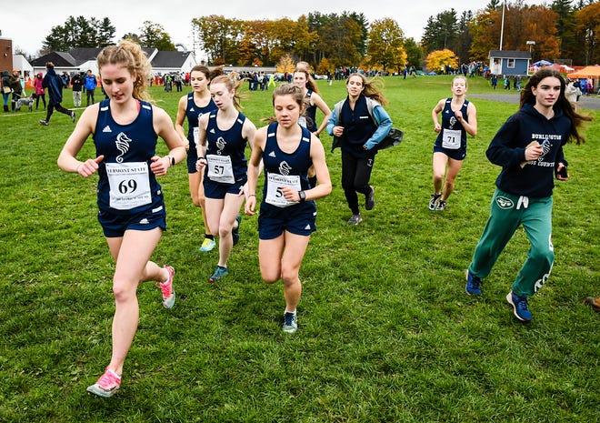The Burlington girls XC running team ended CVU's 12-year title reign at the Vermont state high school cross-country running championships at Thetford Academy on Saturday, Oct. 30, 2021.