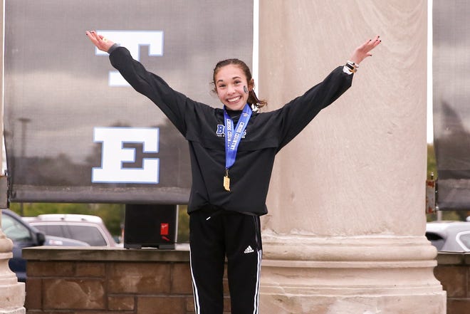 Bishop Chatard Lily Cridge the winner of the the girls IHSAA Cross Country state finals, Oct 30, 2021; Terre Haute, IN, at LaVern Gibson Championship Cross Country Course, Wabash Valley Sports Center,. Mandatory Credit: Gary Brockman-The Indianapolis Star