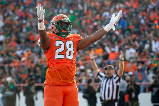 Florida A&M University running back Jaylen McCloud (28) celebrates a touchdown during a game between FAMU and Grambling State University at FAMU's homecoming at Bragg Memorial Stadium on Saturday, Oct. 30, 2021.